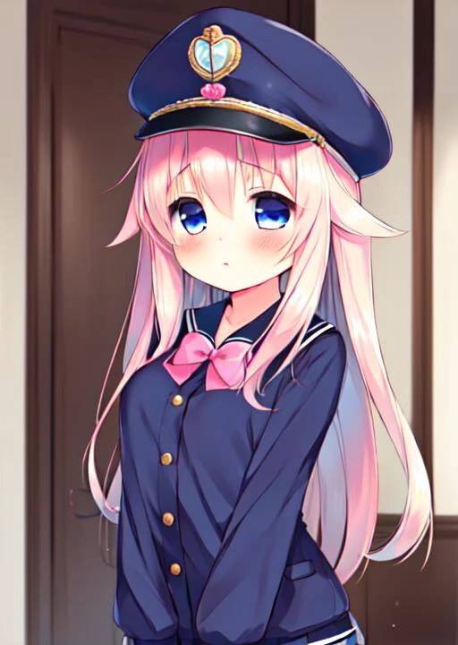 masterpiece,best quality,1girl,pink hair,blue eyes,big eyes,uniforms,round face,blush,hat,kawaii,standing,<lora:éä½³:1>,, masterpiece, best quality,