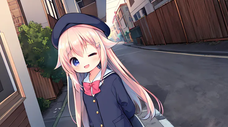 {{best quality, amazing quality, very aesthetic, absurdres,realistic,reverse light,golden light,sunlight,}},lingjia,1girl,solo,maiden,kawaii,standing,school uniform,uniforms,beret,kind_smile,
(;d:1.1),head_tilt,arms behind back,(one eye closed:1.1),open mouth,blush,
outdoors,looking_at_viewer,dutch angle,front view,moody lighting,sense of strength,
<lora:lingjia_v4.2-000026:0.8>,, (masterpiece, best quality,:1.2)