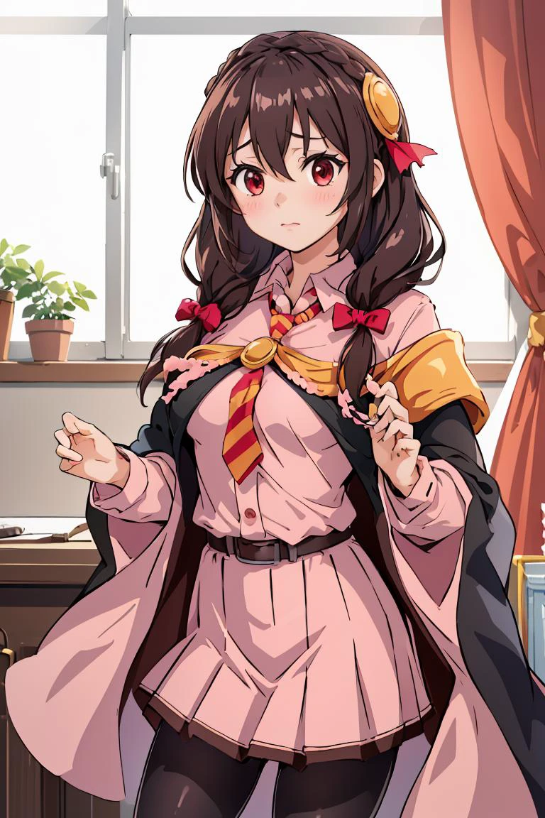 (masterpiece, best quality), 1girl, <lora:yunyun_(konosuba):1> bbyunyun,long hair,braid,twintails,hair between eyes,hair bow,hair ornament,large breasts,(cape:1.2),necktie,shirt,pink shirt,long sleeves,belt,pink skirt,pantyhose,loafers,brown footwear