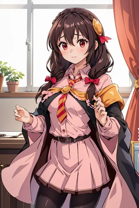 (masterpiece, best quality), 1girl,    <lora:yunyun_(konosuba):1>  bbyunyun,long hair,braid,twintails,hair between eyes,hair bow,hair ornament,large breasts,(cape:1.2),necktie,shirt,pink shirt,long sleeves,belt,pink skirt,pantyhose,loafers,brown footwear