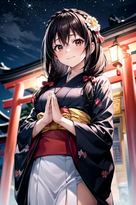 (masterpiece, best quality, detailed), 1girl, solo, looking at viewer, aayunyun, long hair, braid, twintails, hair between eyes, red bow, hair ornament, large breasts,
yukata, kimono, obi, print kimono, japanese clothes, outdoors, night, torii, shrine, east asian architecture, praying, own hands together, own hands clasped, smile, closed mouth
