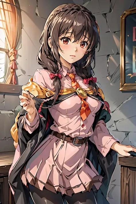 (masterpiece, best quality), 1girl, <lora:yunyun_(konosuba):1> bbyunyun,long hair,braid,twintails,hair between eyes,hair bow,hair ornament,large breasts,(cape:1.2),necktie,shirt,pink shirt,long sleeves,belt,pink skirt,pantyhose,loafers,brown footwear