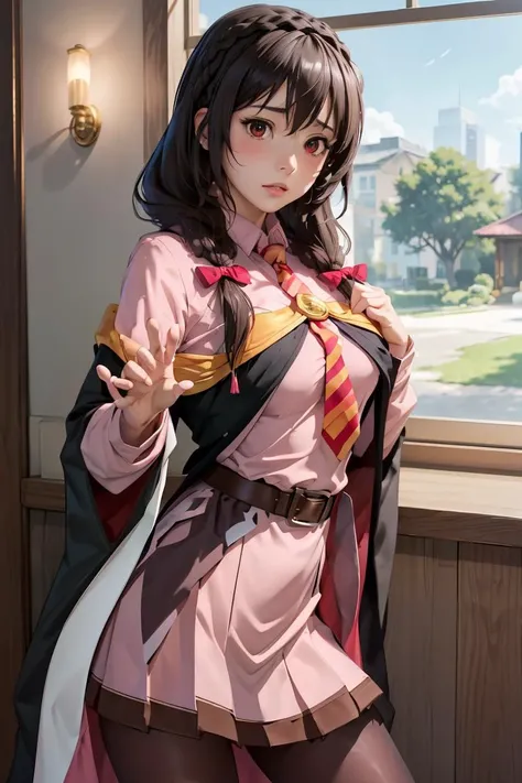 (masterpiece, best quality), 1girl, <lora:yunyun_(konosuba):1> bbyunyun,long hair,braid,twintails,hair between eyes,hair bow,hair ornament,large breasts,(cape:1.2),necktie,shirt,pink shirt,long sleeves,belt,pink skirt,pantyhose,loafers,brown footwear