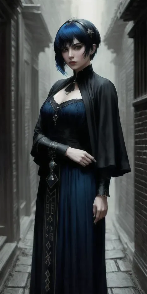 portrait, masterpiece, best quality, (empire style), (magic theme, limited palette:1.3), (vampire 1girl, dynamic pose, casting a spell, priestess, light, wind, neon Abaya, death, cropped blue hair, blue pixie haircut, perfect face, blind eyes), medium breasts, (highly detailed), (perfect face),((eyelashes)), (realistic), thick lips, shrine, spot color, dark alleyway background, runes, by Jeremy Lipking, by Antonio J. Manzanedo, by Frederic Remington, by HW Hansen, by Charles Marion Russell, visible breasts