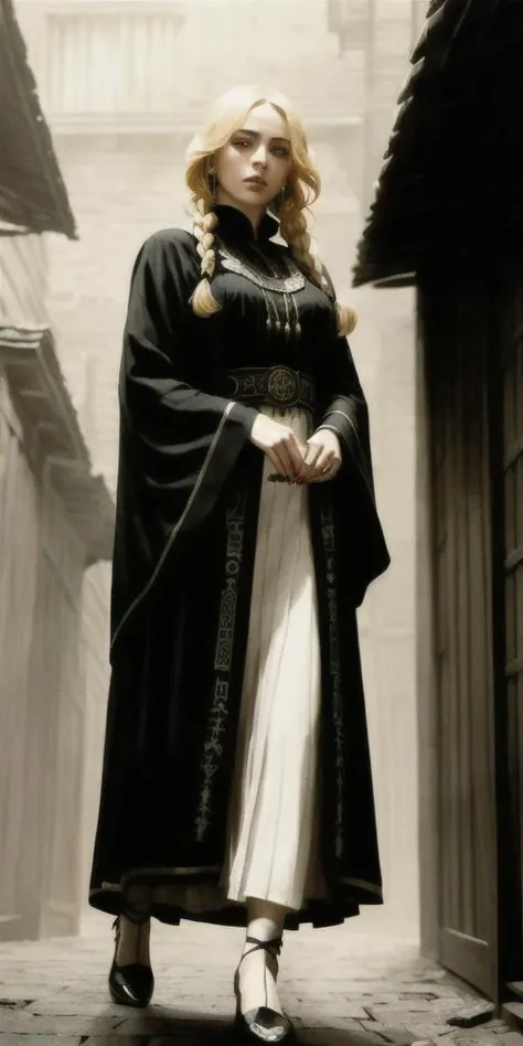 portrait, masterpiece, best quality, (empire style), (magic theme, limited palette:1.3), (vampire 1girl, dynamic pose, casting a spell, priestess, light, wind, neon Abaya, death, long blond hair, intricate braids, perfect face, blind eyes), medium breasts, (highly detailed), (perfect face),((eyelashes)), (realistic), thick lips, shrine, spot color, dark alleyway background, runes, by Jeremy Lipking, by Antonio J. Manzanedo, by Frederic Remington, by HW Hansen, by Charles Marion Russell, visible breasts