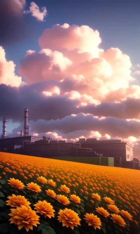 Garden factory,Tall factory,Many yellow marigold ,A few roses,clouds, ultra wide shot, atmospheric, hyper realistic, 8k, epic composition, cinematic, octane render, artstation landscape vista photography by Carr Clifton