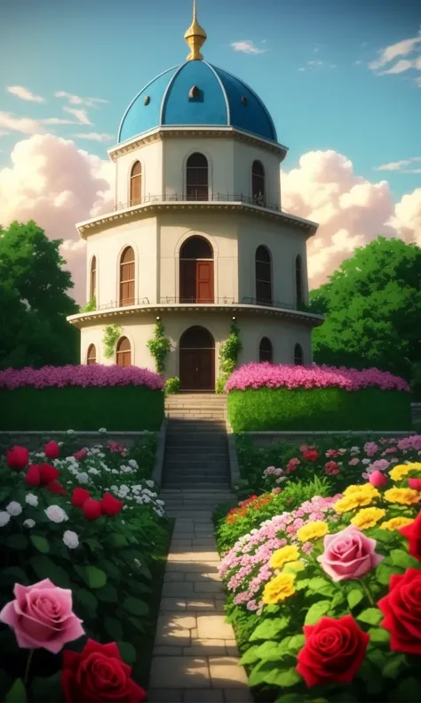 The White Castle of the King, Many flowers, A few roses, clouds, dramatic clouds above, warrior in the garden, big warrior like berserker from the anime, pink, Miyazaki, Nausicaa Ghibli, Breath of The Wild, dreamy ultra wide shot, epic composition, atmospheric, hyper realistic, detailed post processing, unreal engine, 8k resolution, octane render, cinematic, ultra detailed