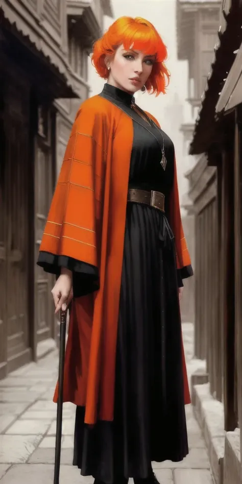 portrait, masterpiece, best quality, (orange theme, limited palette:1.3), (vampire 1girl, dynamic pose, magic wooden staff, light, wind, neon Abaya, death, cropped blond hair, elongated pixie haircut, perfect face, blue eyes), medium breasts, (highly detailed), (perfect face),((eyelashes)), (realistic), thick lips, shrine, spot color, dark alleyway background, runes, by Jeremy Lipking, by Antonio J. Manzanedo, by Frederic Remington, by HW Hansen, by Charles Marion Russell