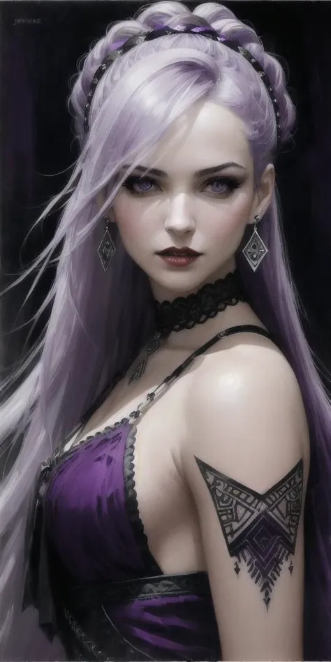 portrait, masterpiece, best quality, (purple theme, limited palette:1.3), (vampire 1girl, dynamic pose, intricate fractal, evil, extra arms, wind, silver revealing clothes, comic, light purple hair absurdly long hair half updo, perfect face, silver eyes), medium breasts, (highly detailed), (perfect face),((eyelashes)), (realistic), thick lips, shrine, spot color, night sidewalk background, runes, by Jeremy Lipking, by Antonio J. Manzanedo, by Frederic Remington, by HW Hansen, by Charles Marion Russell