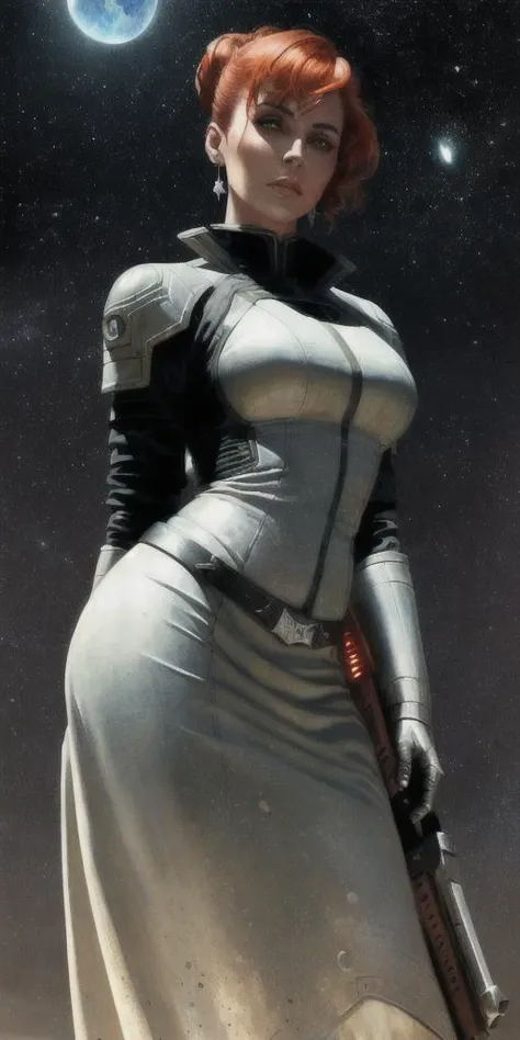 portrait, masterpiece, best quality, (sci-fi theme, limited palette:1.3), (mature woman, dynamic pose, intricate technology, futuristic, holding a tool, wind, silver suit, light red hair absurdly short hair half updo, perfect face, silver eyes), medium breasts, (highly detailed), (perfect face),((eyelashes)), (realistic), thick lips, martian base, spot color, red planet background, runes, by Jeremy Lipking, by Antonio J. Manzanedo, by Frederic Remington, by HW Hansen, by Charles Marion Russell
