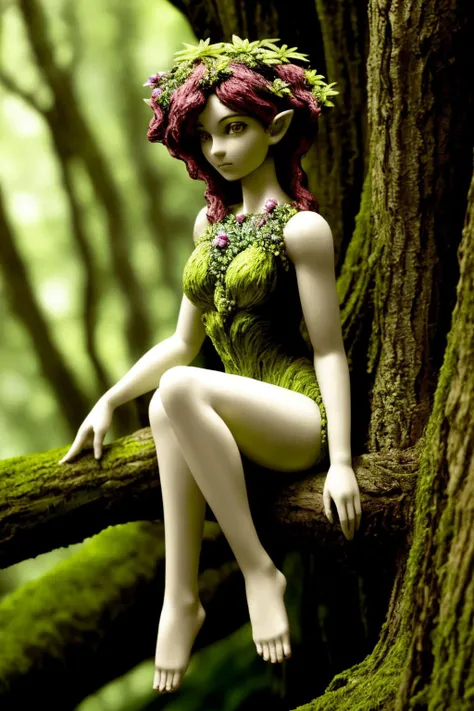 a dryad in the forest. highly detailed face, eyes. sitting in her tree. dangling feet.