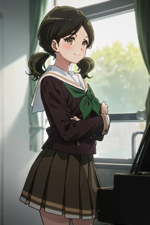 best quality, masterpiece, highres, solo, {ogasawara_haruka_soundeuphonium:1.15}, brown_hair, twintails, serafuku, blush, brown_eyes, yellow_eyes, black_hair, 1girl, kitauji_high_school_uniform, sailor_collar, school_uniform, shirt, white_sailor_collar, brown_shirt, brown_skirt, green_neckerchief, long_sleeves, neckerchief, skirt, bangs, pleated_skirt, smile, closed_mouth, looking_at_viewer, low_twintails, indoors, parted_bangs, standing