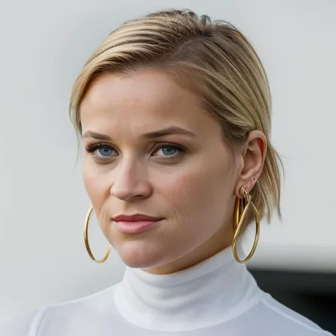 Realistic photo of a beautiful r33s3w-v2 woman, 1girl, solo, looking at viewer, smile, short hair, blue eyes, blonde hair, simple background, white background, jewelry, earrings, parted lips, artist name, lips, turtleneck, portrait, hoop earrings, realistic, android 18, soft lighting, professional Photography, Photorealistic, detailed, RAW, analog, sharp focus, 8k, HD, DSLR, high quality, Fujifilm XT3, film grain, award winning, masterpiece<lora:r33s3w-v2:1.0>