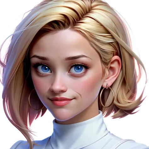 Realistic photo of a beautiful r33s3w-v2 woman, 1girl, solo, looking at viewer, smile, short hair, blue eyes, blonde hair, simple background, white background, jewelry, earrings, parted lips, artist name, lips, turtleneck, portrait, hoop earrings, realistic, android 18, soft lighting, professional Photography, Photorealistic, detailed, RAW, analog, sharp focus, 8k, HD, DSLR, high quality, Fujifilm XT3, film grain, award winning, masterpiece<lora:r33s3w-v2:1.0>