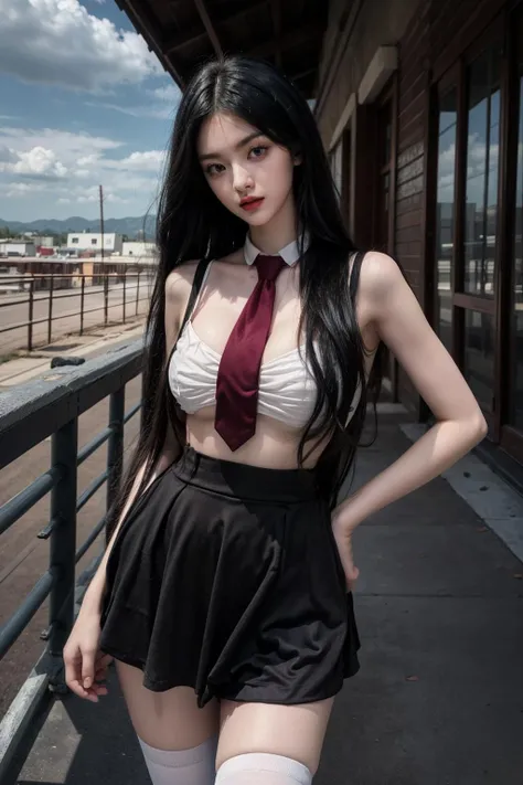 best quality,[masterpiece],((beautiful:0.75) cute girl:0.75),Professional,photo_(medium),ultra-fine painting,1girl,(long hair:1.4),outdoors,(front:1.3),(standing:1.3),cloudy sky,(cowboy_shot:1.2),
<lora:add_detail:1>,<lora:Special clothes52:0.75>,Special clothes52,skirt,necktie,thighhighs,