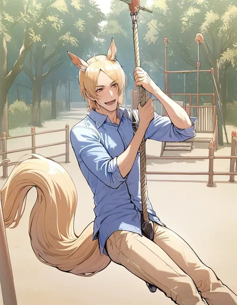 <lora:muri_am_xlv1:0.8>, muri_xl, 1guy, animal ears, blonde hair, solo, horse ears, horse tail, smile, no coat, blue shirt, open mouth, <lora:tarzanrope_XL_v1:1>, tarzan rope, outdoors, day, playground
, masterpiece, ultra-detailed