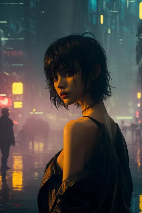 masterpiece, best quality,1girl, bare shoulder, looking at viewer, backlighting, city, cyberpunk, jacket, water, reflection, short hair, orange theme <lora:br_max-000014:0.8>