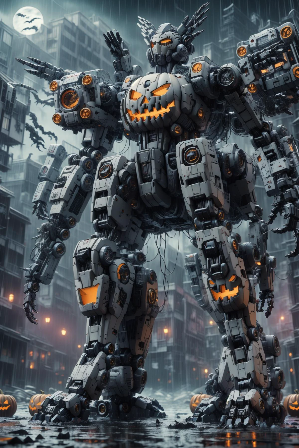 masterpiece, best quality, mecha, (extra arms:1.2), pov, halloweenTech, night, (rain:1.1), <lora:blade-runner:0.5><lora:mecha-000014:0.5> <lora:gundamRX782OutfitStyle_v10:0.5> <lora:halloweenTech-20:0.5>