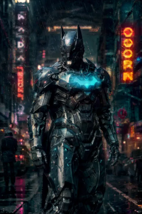 mecha, robot, machine, metal, batman, cyberhelmet, mouth mask, futuristic, neon, full body, dark knight, christopher nolan, night, dark, city, rain, pipes, plates, raw iron, plate armor, batman logo, <lyco:Robotaction:0.8>, <lora:cyberhelmetv0.7:0.8> <lora:epi_noiseoffset2:0.3>, ,<lora:more_details:0.3>, <lora:add_sharpness:0.3>, <lora:Elixir:0.6>, Photorealistic, Hyperrealistic, Hyperdetailed, analog style, realistic, heavy shadow, masterpiece, best quality, ultra realistic, High Detail, film photography, soft focus <lora:LowRA:0.8> <lora:br_max:0.6>