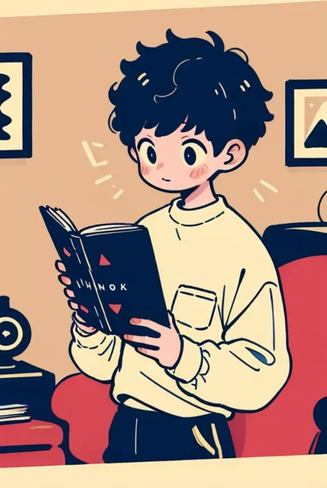 1 boy, short hair, wearing black trousers and white shirt, indoors, reading a book, indoors<lora:tuyafengge_20230707170048:0.9>