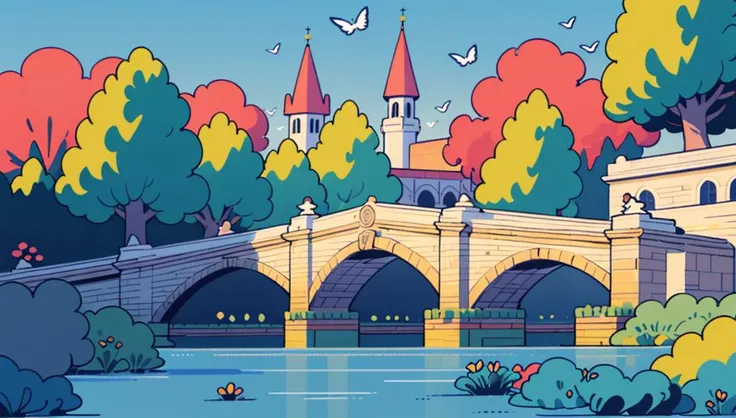 (illustration:1.0), masterpiece, best quality,Otherworldly,sky, 1 huge huge tall blue carpets trees, blue carpets flowers, trees, grass, flowers, hundreds of flowers, colourful flowers, boats,butterflies, town, bridge, city, architecture, air, swans,sky, magic, game CG, Ghibli style, stone bridge, birds <lora:tuyafengge_20230707170048:0.6>