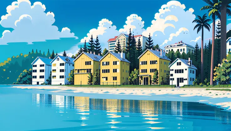 Ocean, beach, seaside town, several wooden houses, yard, dogs, cats, coconut trees, distant hills, rocks, grass, flowers, fence, yard, distant view, depth of field (best quality) <lora:tuyafengge_20230707170048:0.82>