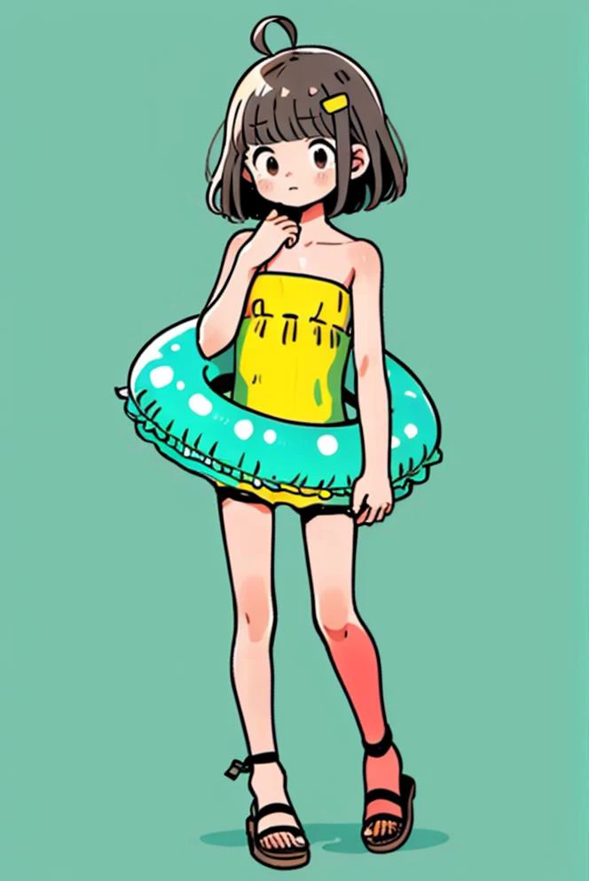 1girl, solo, innertube, sandals, short hair, hair ornament, bangs, full body, simple background, ahoge, standing, swimsuit, strapless, dress, hand up, closed mouth, blunt bangs, black hair, aqua background, brown hair, bare shoulders, hairclip<lora:tuyafengge_20230707170048:0.9>