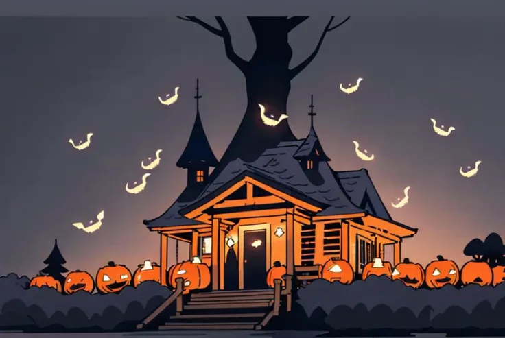 Log Cabin, tree,grass,fantasy, fairytale, intricate, forest, fireflies, tree,halloween ,eerie atmosphere,  dark background,Scary atmosphere <lora:tuyafengge_20230707170048:0.8>