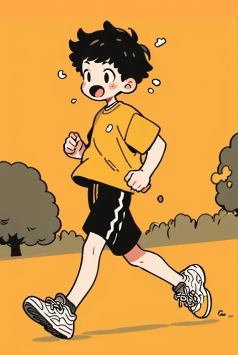 1boy, solo, male focus, black hair, running, simple background, short hair,, full body, outdoors, tree, <lora:tuyafengge_20230707170048:0.9>