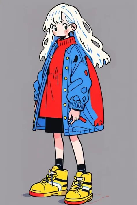 1girl, solo, yellow footwear, white hair, shoes, simple  background, red dress, simple background, blush, shadow, full body, dress, long sleeves, earrings, standing, jewelry, blue coat, looking at viewer, long hair, jacket, coat, <lora:tuyafengge_20230707170048:0.9>