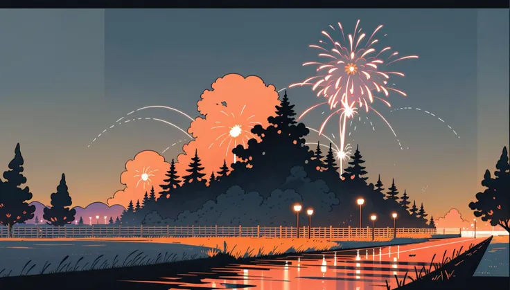 (illustration:1.0), masterpiece, best quality,Fireworks, night, road, trees, sea, sky, colourful, glorious, glowing <lora:tuyafengge_20230707170048:0.5>