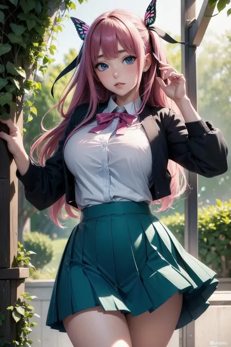 (masterpiece, best quality, hires, high resolution:1.2, 4k, 8k , high quality), extremely detailed, realistic, intricate details, highres, 1girl, solo, (large breasts, thick thighs, wide hips), arched back,(cinematic lighting, sunlight, perfect lighting, backlighting), eye-level shot, extreme close-up-shot, looking at viewer,
<lora:Nakano_Nino_Ecsta:0.5> nakano_nino_ecsta, blue eyes, nakano nino, hair ribbon, black ribbon, pink hair, school uniform, green skirt, butterfly hair ornament
