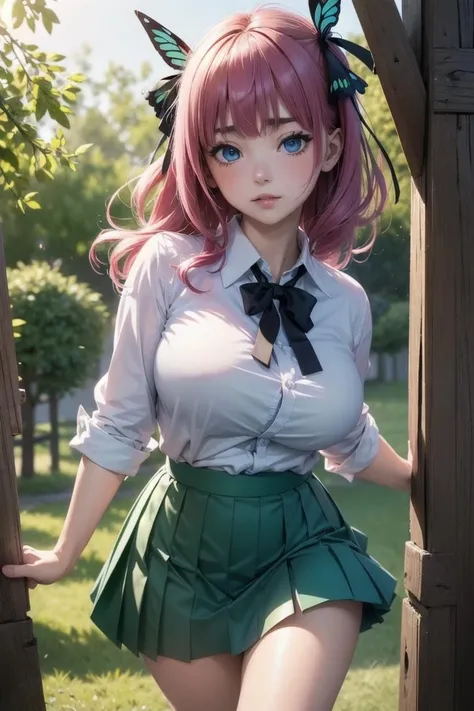 (best quality,4k,8k,highres,masterpiece:1.2),ultra-detailed,realistic,sexy high school girl with orange hair in a garden setting,beautiful detailed eyes, beautiful detailed lips,extremely detailed eyes and face,long eyelashes,flawless skin,pink panties peeking from under the skirt,gorgeous pink and black ,fitted skirt accentuating the curves,plaid pattern on the skirt,cropped white blouse,unbuttoned top buttons,large round breasts,confident and alluring pose,sunlight filtering through the trees,soft warm lighting,floral background, vibrant colors,portraits,high contrast,color grading with warm tones. Bulma,((cameltoe))