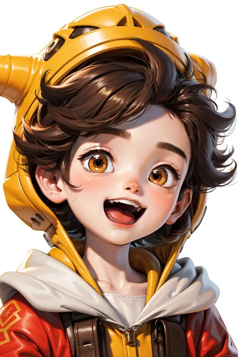 <lora:xk_20231007084335:0.9>,xh,1boy,solo,male focus,brown hair,brown eyes,smile,open mouth,male child,blush,white background,upper body,child,simple background,teeth,hood,