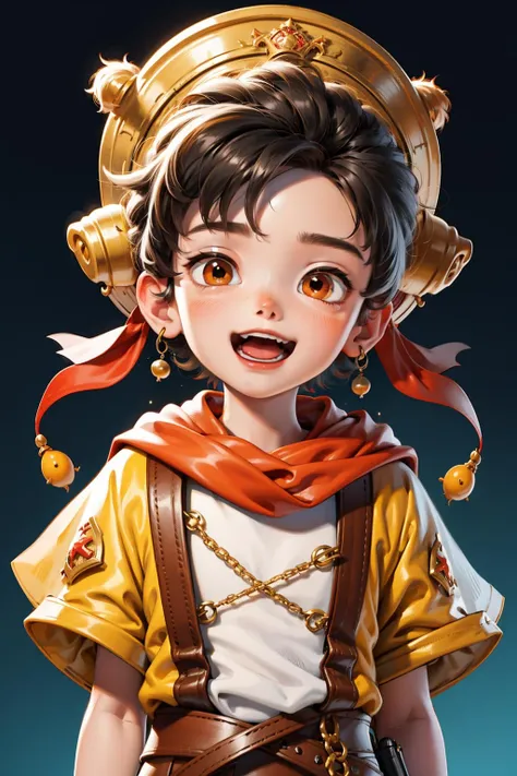 <lora:xk_20231007084335:0.9>,xh,solo,black hair,male focus,smile,1boy,open mouth,male child,looking at viewer,brown eyes,upper body,jewelry,child,gradient background,teeth,orange eyes,short sleeves,gradient,:d,simple background,