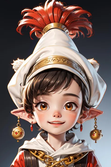 <lora:xk_20231007084335:0.9>,xh,1boy,solo,male focus,male child,hat,jewelry,earrings,looking at viewer,child,smile,brown eyes,black hair,portrait,simple background,upper body,gradient background,grey background,closed mouth,gradient,brown hair,blush,