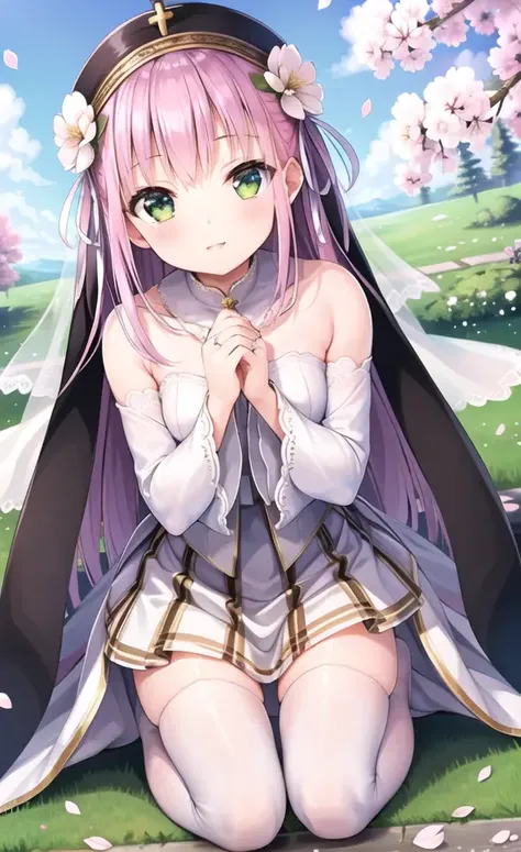 masterpiece, best quality, highres, {beautiful detailed eyes}, finely detail, beautiful detailed eyes, petite, white_thighhighs, Cherry blossoms,
1girl, (solo:1.5), (hair ribbon:0.4), green eyes,cinematic angle,perspective,church,black skirt dress, flower pattern in dress, street, kneeling&setting on floot,((wedding dress:1)),