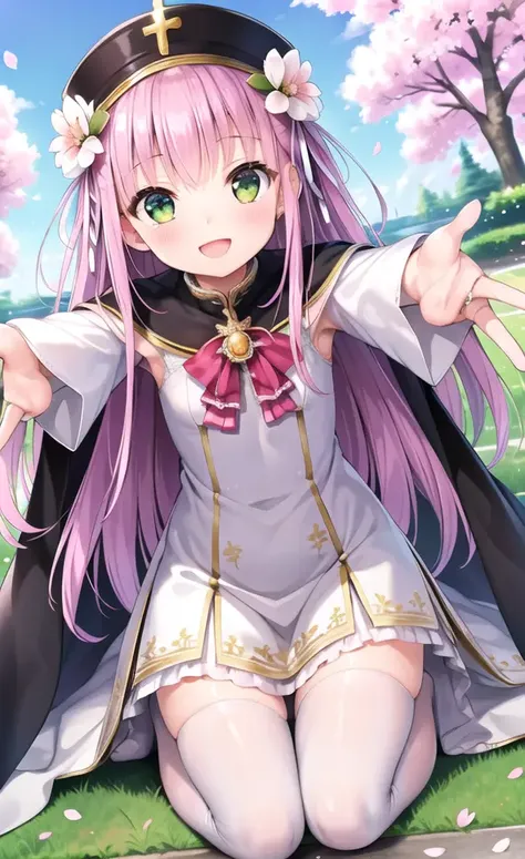 masterpiece, best quality, highres, {beautiful detailed eyes}, finely detail, beautiful detailed eyes, petite, white_thighhighs, Cherry blossoms, outstretched arms,
1girl, (solo:1.5), (hair ribbon:0.4), green eyes,cinematic angle,perspective,church,black skirt dress, flower pattern in dress, street, kneeling&setting on floot,((wedding dress:1)),