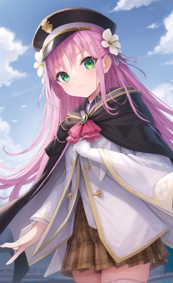 masterpiece, best quality, highres, {beautiful detailed eyes}, finely detail, beautiful detailed eyes,
1girl, (solo:1.5), (hair ribbon:0.4), green eyes,cinematic angle,perspective,church,black skirt dress, flower pattern in dress,