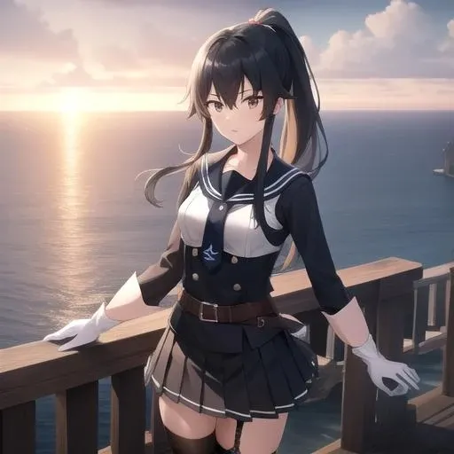 ((masterpiece)),(best quality),official art,extremely detailed CG,unity 8k wallpaper,ultra detailed,A lighthouse on a cliff by the sea,1girl,solo,cowboy shot,very_long_hair,white_gloves,black_hair,pleated_skirt,black_skirt,ponytail,black_thighhighs,black_belt,sailor_collar,long_sleeves,black_sailor_collar,garter_straps,brown_eyes,hair_between_eyes,sidelocks,single_thighhigh,black_shirt,necktie,<lora:Yahagi(kan)>,