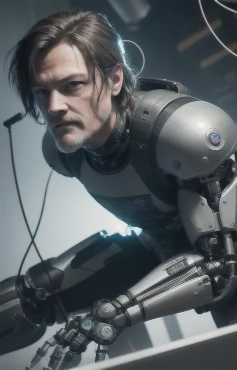 complex 3d render ultra detailed of a man, norman reedus, sam bridges, (detailed face), cyborg, (((robotic parts))), beautiful studio, soft light, rim light, vibrant details, luxurious cyberpunk, lace, hyperrealistic, anatomical,((( cable electric wires, microchip))), elegant, beautiful background, octane render, H. R. Giger style, 8k, best quality, masterpiece, illustration, extremely detailed ,CG ,unity ,wallpaper, (realistic, photo-realistic:1.37),Amazing, finely detail, masterpiece,best quality,official art, extremely detailed CG unity 8k wallpaper, absurdres, incredibly absurdres, robot,(( full body)), < norreedus69:1.9>, sitting, best quality, ultra high res, (photorealistic:1.4),