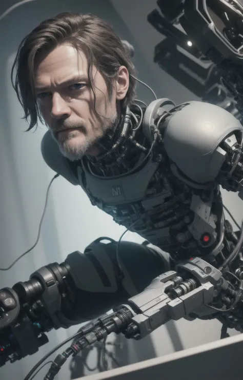complex 3d render ultra detailed of a man, norman reedus, sam bridges, (detailed face), cyborg, (((robotic parts))), beautiful studio, soft light, rim light, vibrant details, luxurious cyberpunk, lace, hyperrealistic, anatomical,((( cable electric wires, microchip))), elegant, beautiful background, octane render, H. R. Giger style, 8k, best quality, masterpiece, illustration, extremely detailed ,CG ,unity ,wallpaper, (realistic, photo-realistic:1.37),Amazing, finely detail, masterpiece,best quality,official art, extremely detailed CG unity 8k wallpaper, absurdres, incredibly absurdres, robot,(( full body)), < norreedus69:1.9>, sitting, best quality, ultra high res, (photorealistic:1.4),
