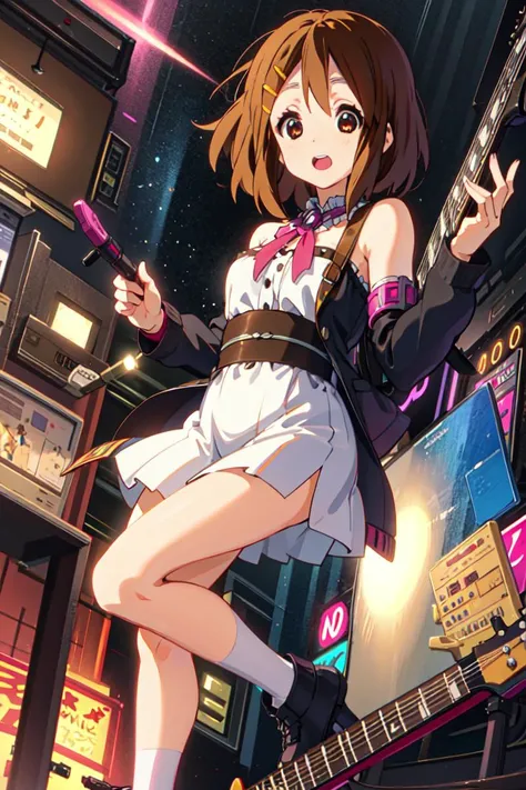 1girl, (heavy metal style:1.2), (best quality, masterpiece:1.5), detailed, BREAK (yui hirasawa:1.3) <lora:yui-kon:1>, (playing guitar:1.4), on stage, stage lights, fire