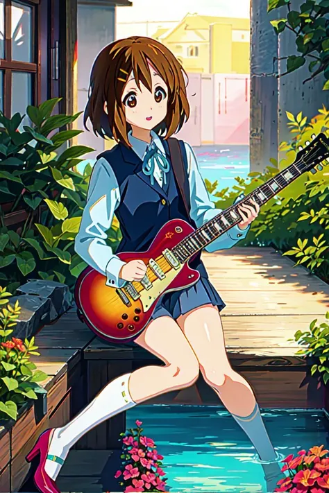 1girl, school uniform, (best quality, masterpiece:1.5), detailed, high heels BREAK (yui hirasawa:1.3)  <lora:yui-kon:1>, (playing guitar:1.4), underwater, tropical fish