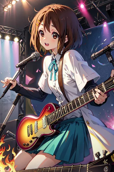 violet evergarden, peeing herself, peeing, peeing self, very desperate to pee, holding a guitar on stage, full face blush, sad, crying, flustered, pubic hair, white panties, white stockings wet, peeing, peeing self, peeing, peeing self, pee puddle, puddle of her own urine is forming around her feet, standing on stage, cinematic lighting, anime still HD