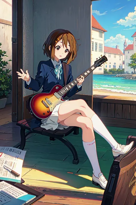 1girl, school uniform, (best quality, masterpiece:1.5), detailed, fishnet stockings BREAK (yui hirasawa:1.3) <lora:yui-kon:1>, (playing guitar:1.4)