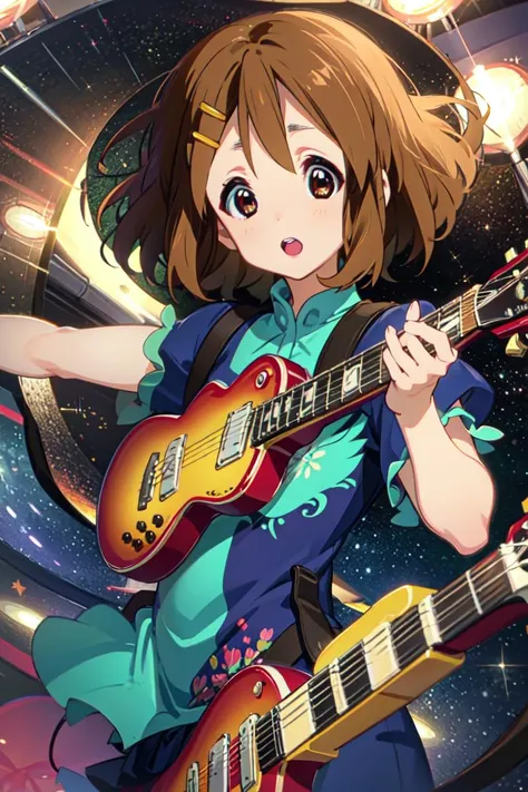 1girl, (evening gown:1.2), (best quality, masterpiece:1.5), detailed, BREAK (yui hirasawa:1.3)  <lora:yui-kon:1>, (playing guitar:1.4), in space, stage lights <lyco:GoodHands-beta2:1.0>