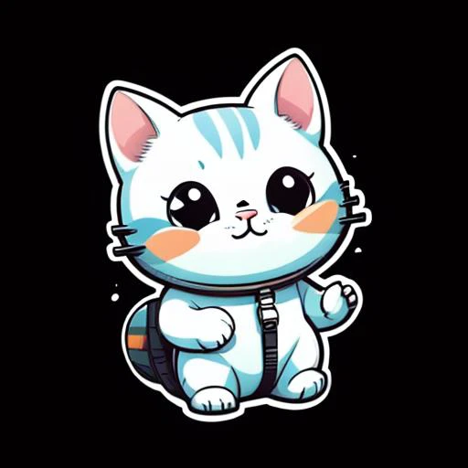 sticker, astronaut cat, black background, white solid outline<lora:Cartoon_cute_sticker_v1:1>