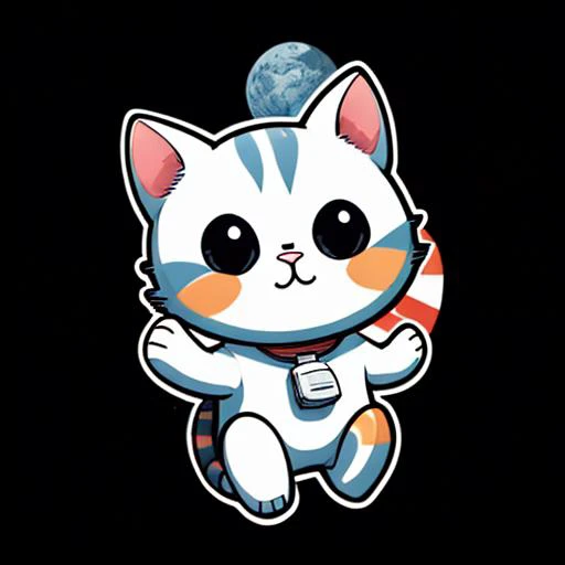 sticker, astronaut cat, black background, white solid outline<lora:Cartoon_cute_sticker_v1:1>