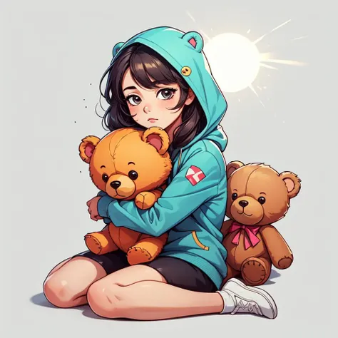 masterpiece,best quality,high quality, <lyco:GoodHands-beta2:1.0>,sticker,1girl, hugging teddy bear, wariza, in room, sunlight, stuffed toy, hoodie,simple background, <lora:Cartoon_cute_sticker_v02:0.6>